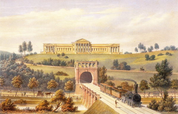 „Schloss Rosenstein mit Rosensteintunnel und Brücke - Lithographie von Eberhard Emminger nach einer Zeichnung von Christian Friedrich von Leins, um 1850“. Lizenziert unter Gemeinfrei über Wikimedia Commons 